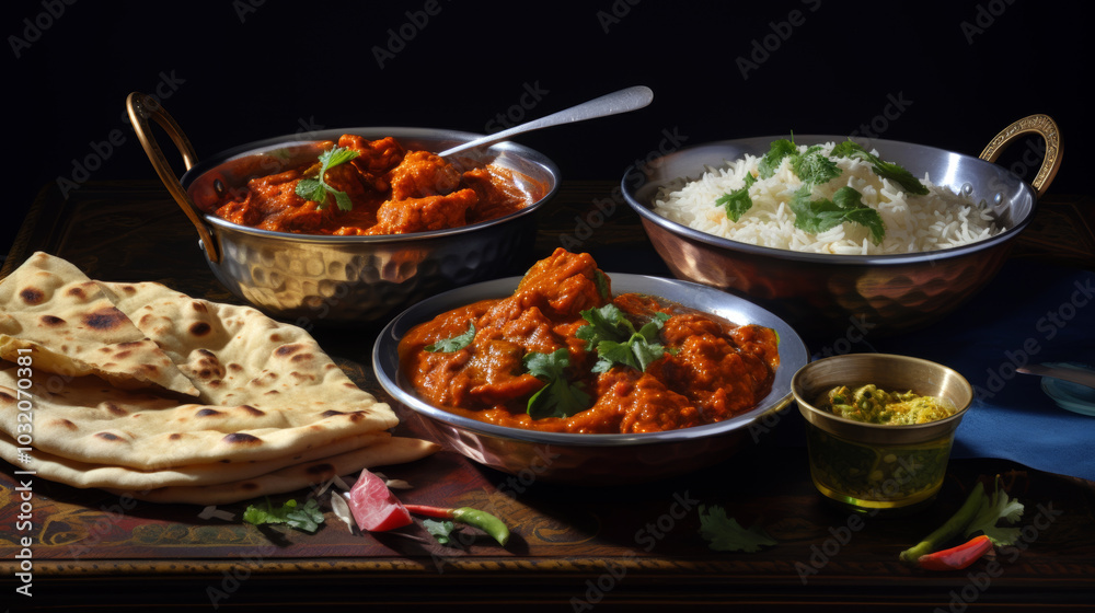 Chicken tikka masala served with basmati rice and naan bread on a wooden table Chicken tikka masala served with basmati rice and naan bread on a wooden table