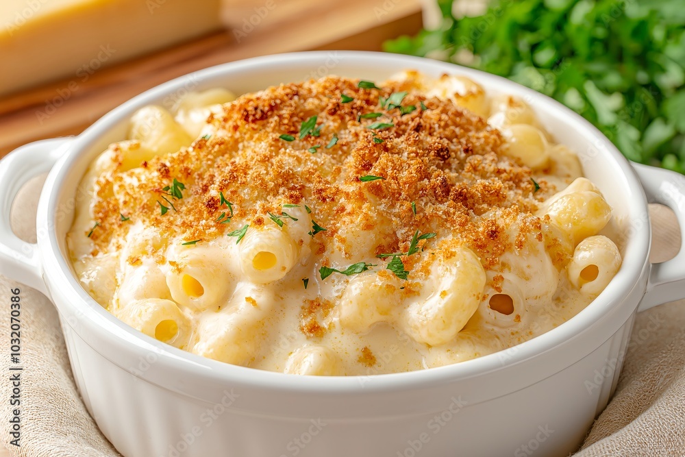 A Comforting Bowl of Mac and Cheese With Crispy Breadcrumbs, Served in a Homey Kitchen, Food Photography, Food Menu Style Photo Image A Comforting Bowl of Mac and Cheese With Crispy Breadcrumbs, Served in a Homey Kitchen, Food Photography, Food Menu Style Photo Image