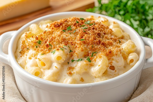 A Comforting Bowl of Mac and Cheese With Crispy Breadcrumbs, Served in a Homey Kitchen, Food Photography, Food Menu Style Photo Image