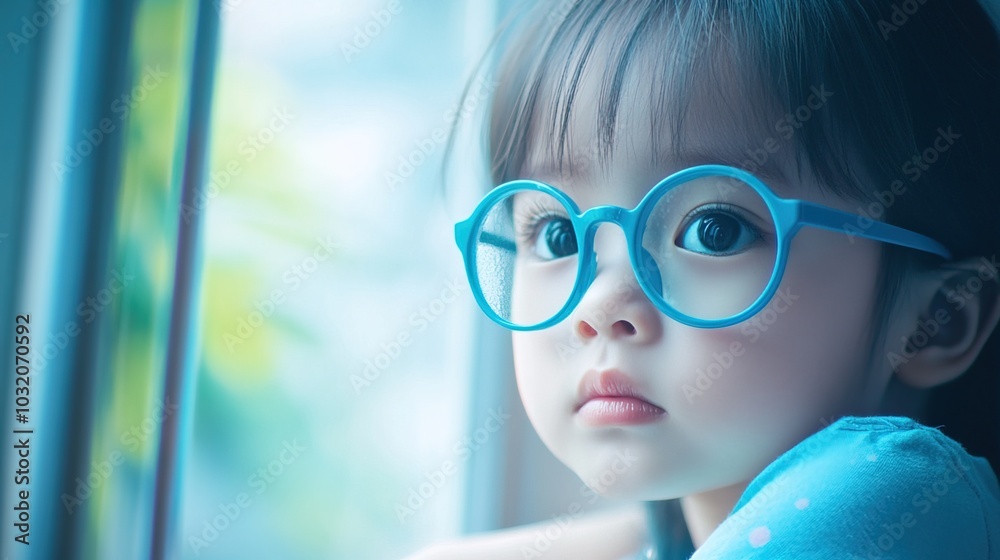 Young child wearing blue glasses focusing on distant tree outside window, symbolizing myopia prevention and importance of outdoor activities. Young child wearing blue glasses focusing on distant tree outside window, symbolizing myopia prevention and importance of outdoor activities.