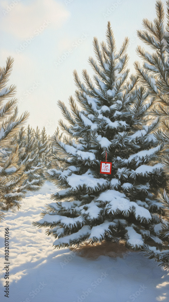 Fototapeta premium Snowy Christmas tree with tag on a tree farm
