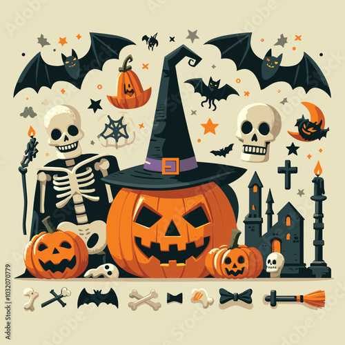 Halloween illustration with pumpkins and skeletons, spooky theme, perfect for party invites