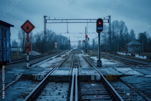 A train track with a red light indicating a halt or warning, suitable for transportation and infrastructure-themed projects