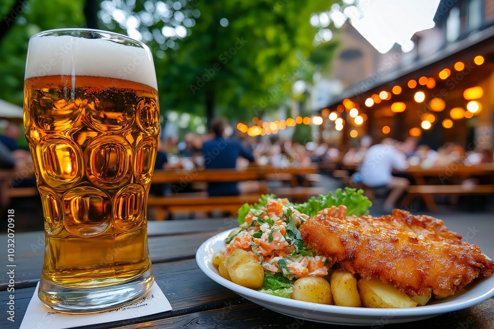 A Crispy Schnitzel With Potato Salad, Served in a Traditional German Beer Hall With Wooden Benches and Large Steins of Beer, Food Photography, Menu Style Photo Image A Crispy Schnitzel With Potato Salad, Served in a Traditional German Beer Hall With Wooden Benches and Large Steins of Beer, Food Photography, Menu Style Photo Image