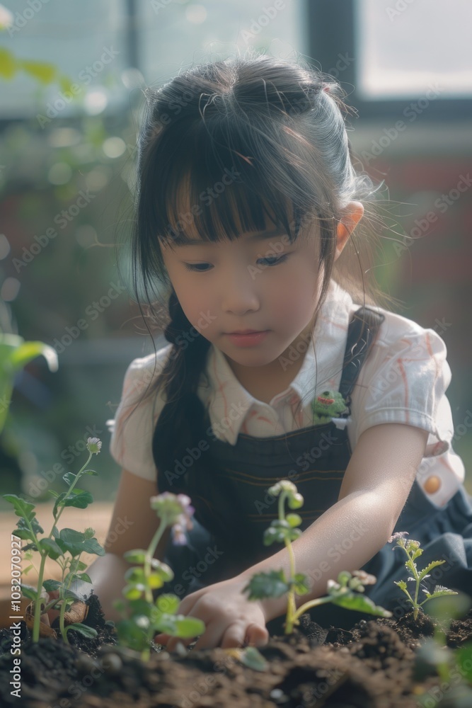A young girl kneels in a garden, surrounded by flowers and greenery A young girl kneels in a garden, surrounded by flowers and greenery