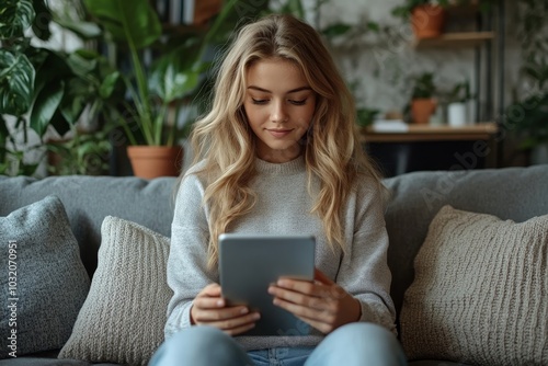 Positive european woman sitting on sofa at home, using smartphone and laptop, working online from home, using mobile app, copy space, Generative AI