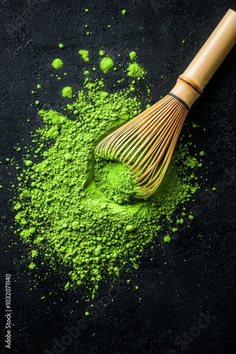 A vibrant green powder with a bamboo whisk on a dark surface, highlighting the art of matcha preparation.