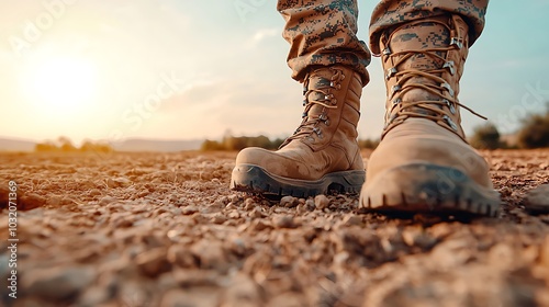 Close-up of military boots standing on rocky ground during sunset, symbolizing resilience and strength in challenging outdoor environments.