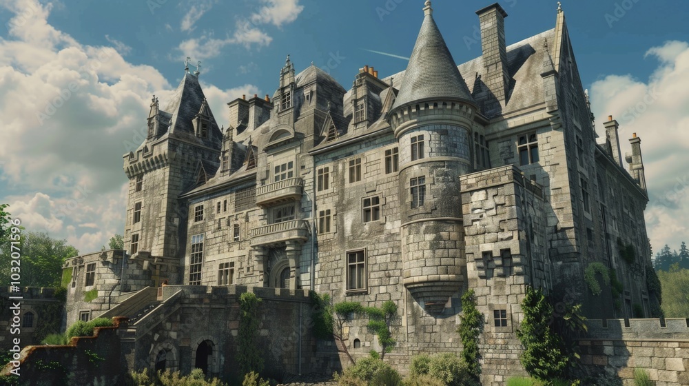 A majestic large castle with a prominent clock tower on its roof, surrounded by walls and towers A majestic large castle with a prominent clock tower on its roof, surrounded by walls and towers