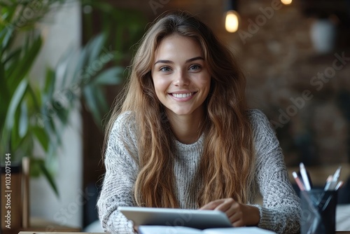 Cheerful woman taking notes learning at home and smiling at camera, lady student preparing for lecture, sitting at table with digital tablet, Generative AI