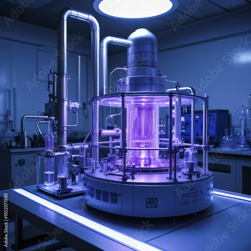 Nuclear Fusion Reactor for Power Generation in Futuristic Laboratory – Small Modular Reaction Furnace with Blue and Purple Light, High-Tech Science Environment