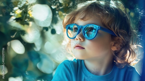 Young child wearing blue glasses focusing on distant tree outside window, symbolizing myopia prevention and importance of outdoor activities.