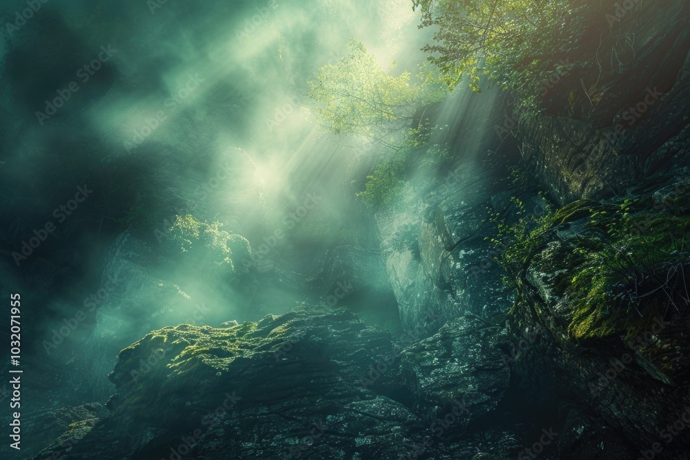 Obraz premium A serene waterfall surrounded by dense foliage, perfect for a peaceful escape or environmental photography