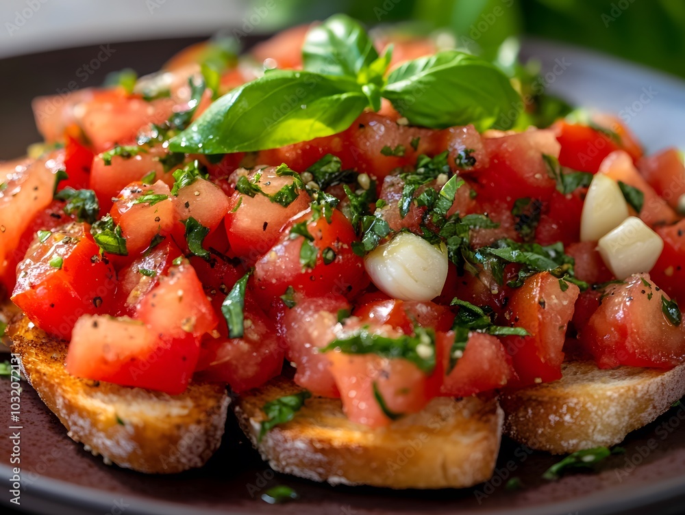 A close-up of bruschetta topped with fresh tomatoes, basil, and garlic on toasted bread. A close-up of bruschetta topped with fresh tomatoes, basil, and garlic on toasted bread.