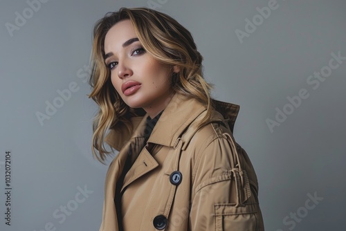 A woman poses for a photo wearing a trench coat, suitable for editorial or commercial use