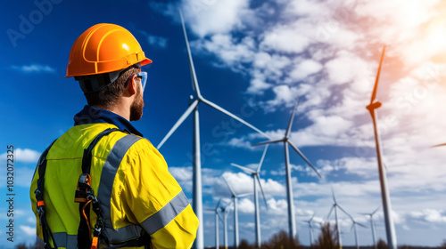 technician in safety helmet observes offshore wind turbines under bright sky, showcasing importance of renewable energy