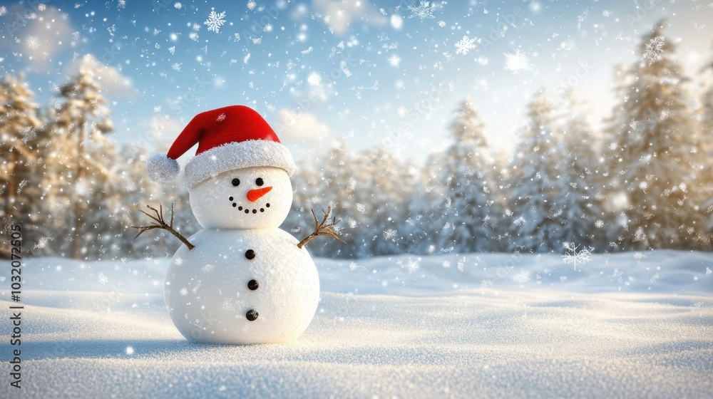 A joyful snowman with a big red Santa hat, waving cheerfully in a snowy landscape, surrounded by winter magic, 3D illustration.