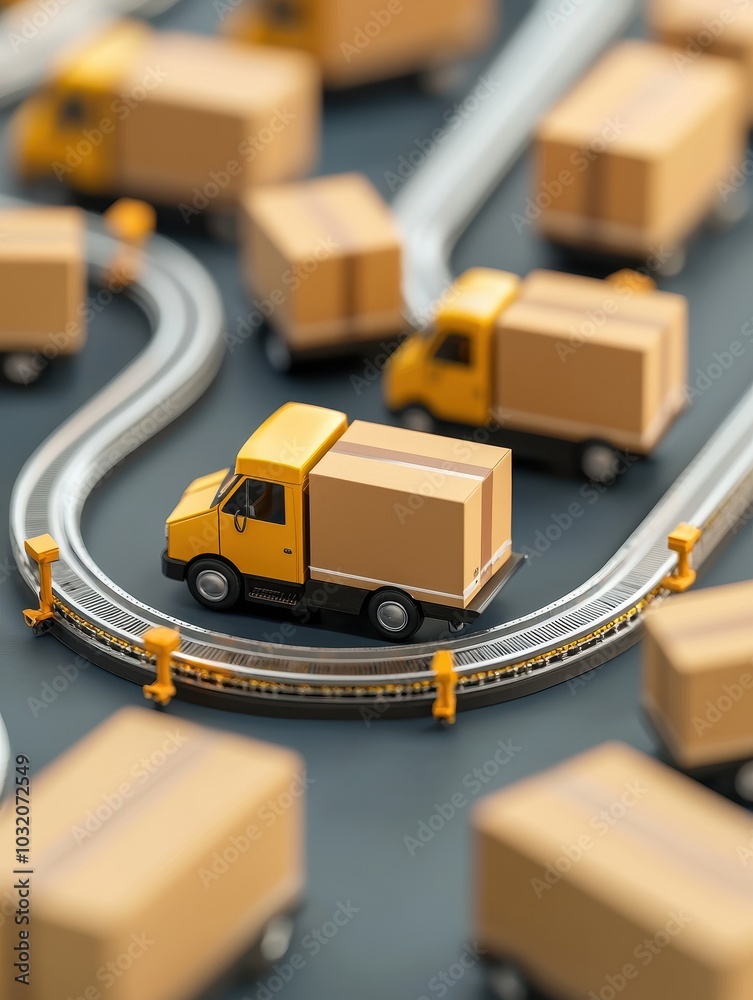 Miniature yellow delivery truck on a winding road with surrounding cardboard boxes on a dark background. Miniature yellow delivery truck on a winding road with surrounding cardboard boxes on a dark background.