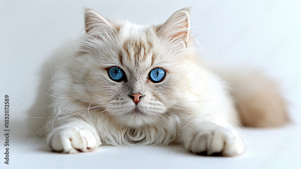 An elegant white Persian cat lounging on a smooth, snow-white surface. Fully visible and looking directly at the camera, her enchanting sky-blue eyes exude special charm. An elegant white Persian cat lounging on a smooth, snow-white surface. Fully visible and looking directly at the camera, her enchanting sky-blue eyes exude special charm.