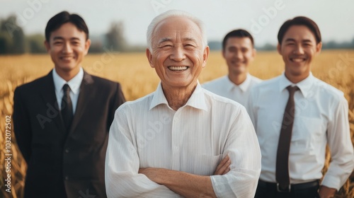 Elderly man with young men in field, sunny day scene.