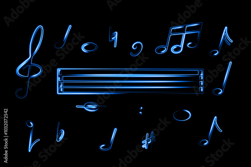 A collection of glowing blue musical notes and symbols surrounds a blank sheet music staff on a dark background, highlighting creativity