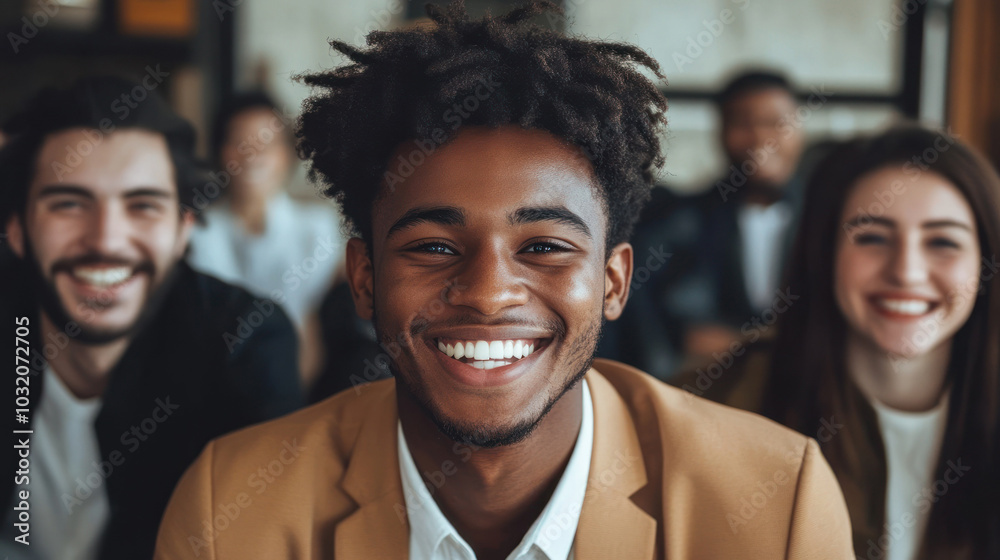 Happy young man in office environment with colleagues. Happy young man in office environment with colleagues.