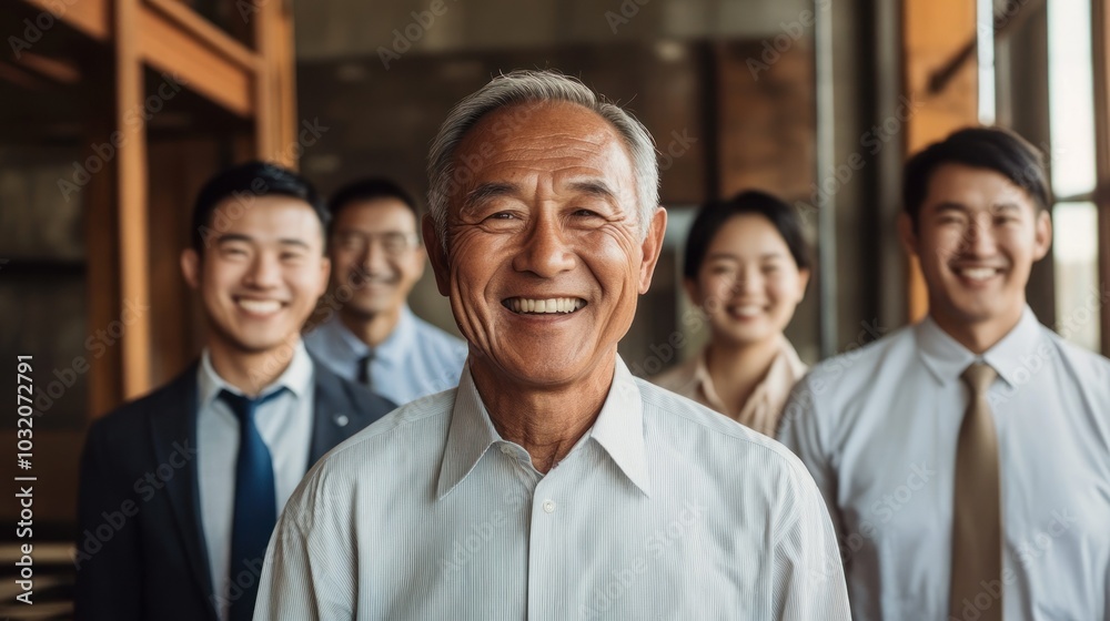 Fototapeta premium Elderly leader with diverse group smiling in harmony