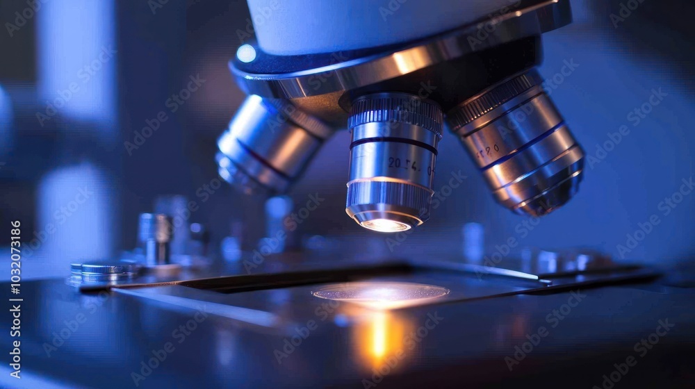 A close-up of a microscope lens with a glowing light source shining through a slide on the stage, highlighting the focus on scientific research. A close-up of a microscope lens with a glowing light source shining through a slide on the stage, highlighting the focus on scientific research.