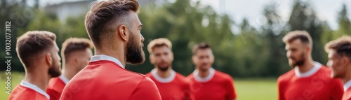 Group of male soccer players in discussion on a training field, wearing red jerseys, focused and engaged. photo