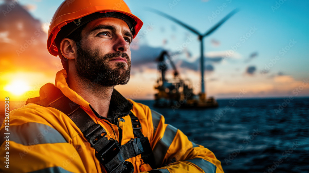 technician stands confidently on offshore wind turbine platform, wearing safety helmet and bright yellow jacket. sunset creates stunning backdrop, highlighting importance of renewable energy technician stands confidently on offshore wind turbine platform, wearing safety helmet and bright yellow jacket. sunset creates stunning backdrop, highlighting importance of renewable energy