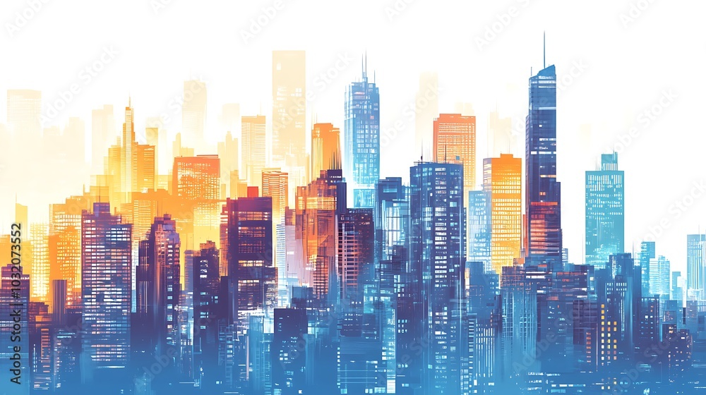 Obraz premium A colorful cityscape silhouette against a white background.