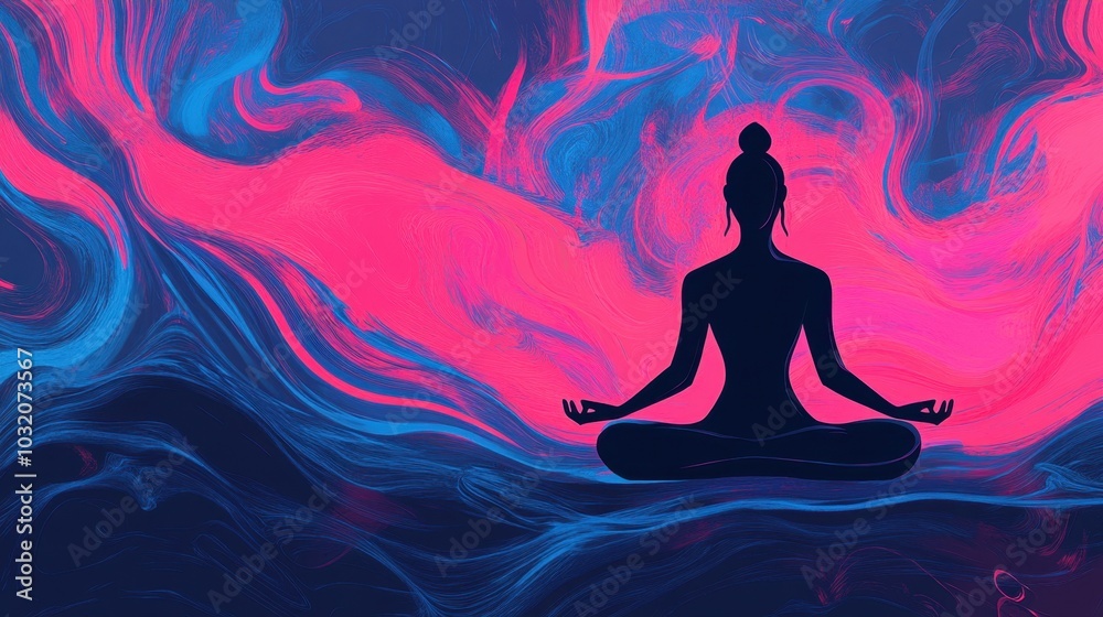 A peaceful silhouette in meditation, with swirling blue and pink cosmic energy, symbolizing inner peace and enlightenment. A peaceful silhouette in meditation, with swirling blue and pink cosmic energy, symbolizing inner peace and enlightenment.
