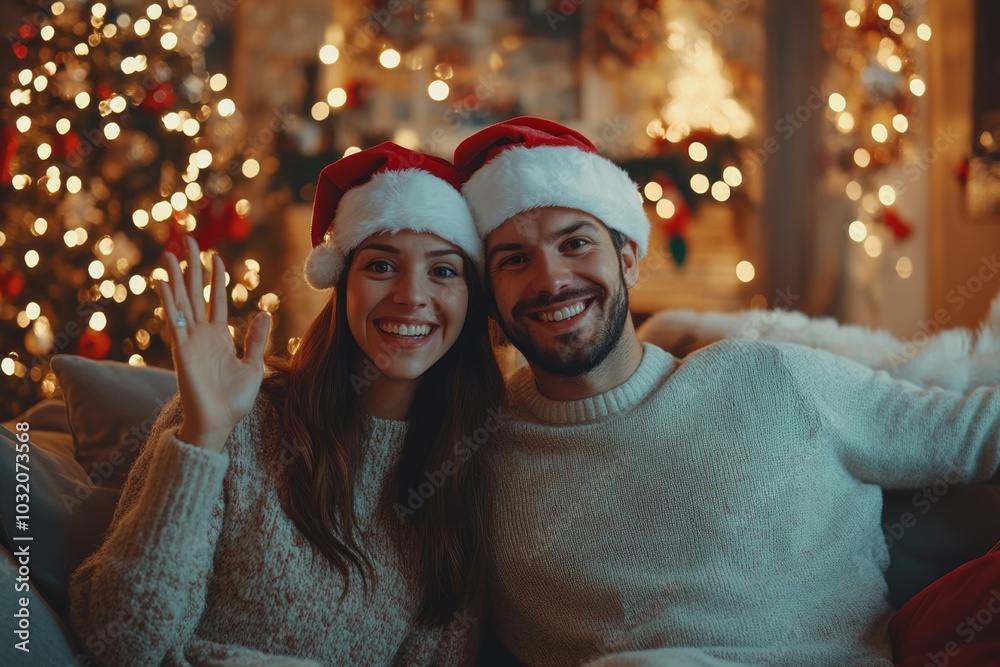 Virtual party. Happy couple in santa hats using cellphone, making online video conference waving hand to webcam sitting on sofa in decorated living room with Xmas, Generative AI