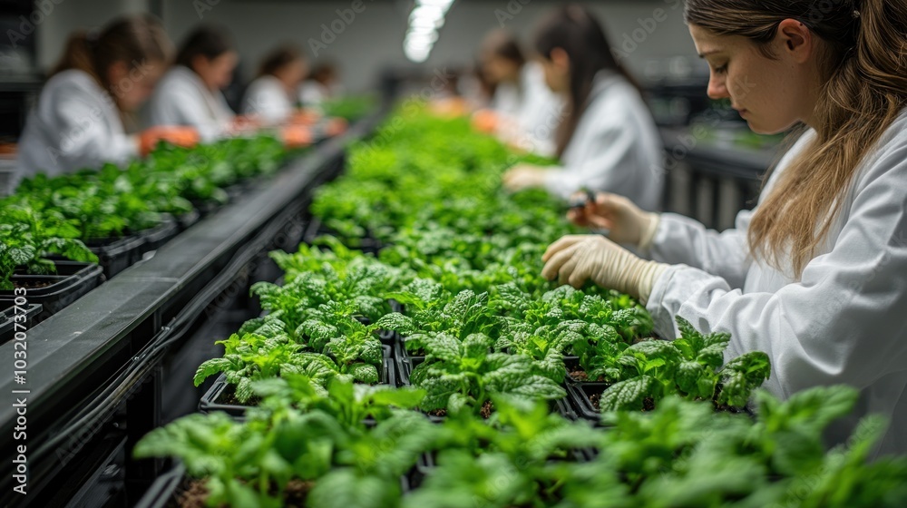 A group of scientists in lab coats work with seedlings in a greenhouse. A group of scientists in lab coats work with seedlings in a greenhouse.