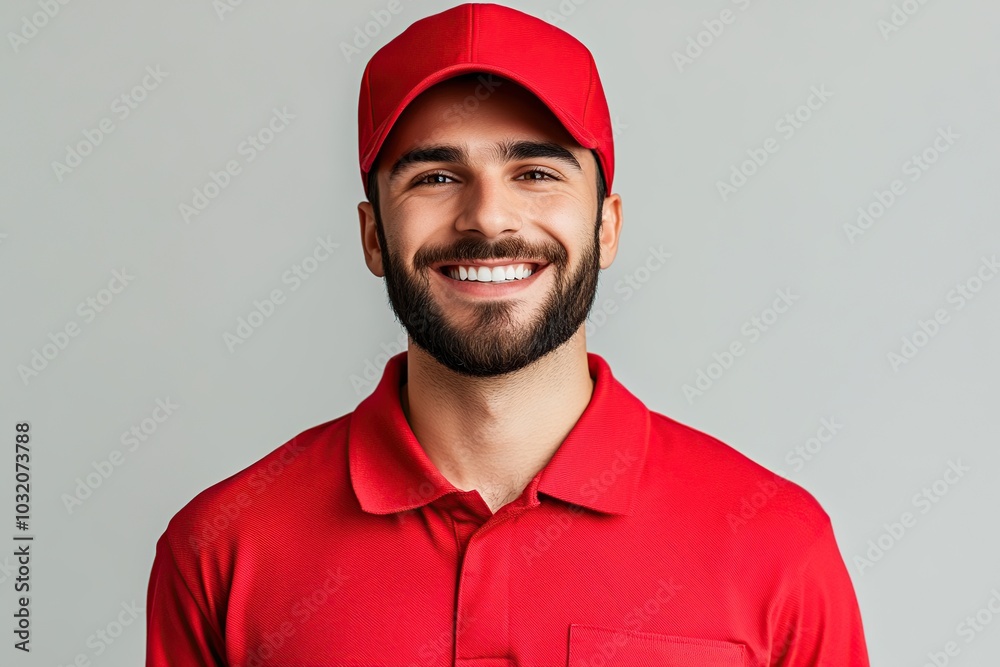 Professional delivery man wears red cap and uniform Professional delivery man wears red cap and uniform