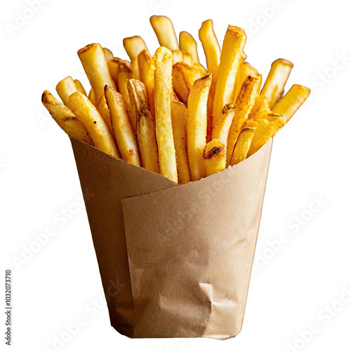 French fries are in craft packaging in PNG format. portion of French fries in brown paper packaging on a transparent background