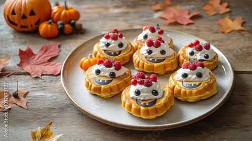 A plate of Halloween pumpkin-shaped pancakes with whipped cream and berries arranged as funny faces, set on a rustic table with plenty of room on the left side for text.