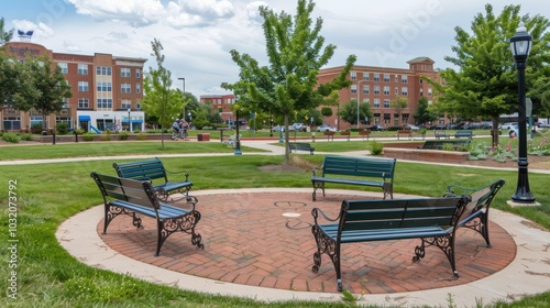 Four Benches Surrounding a Brick Patio in a Park