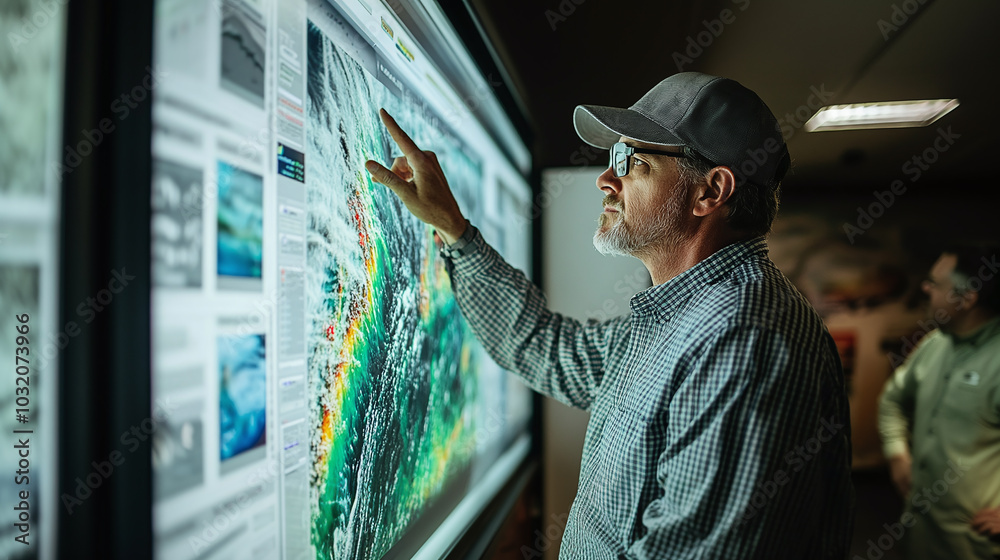 Meteorologist Meteorologist analyzes storm data on a large display, explaining wind ...
