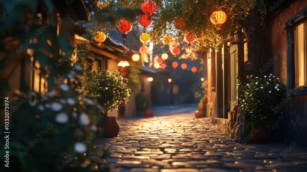 Fototapeta premium A street illuminated by the soft glow of lanterns, with detailed shadows and warm light.