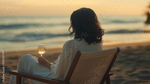 Peaceful seaside sunset with a glass of white wine