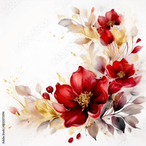 Red and gold watercolour flowers