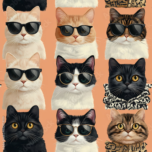 Wallpaper Mural Seamless pattern with cute fashionable cats. Vector graphics. Torontodigital.ca