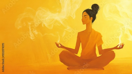 A serene character sits in meditation, with thoughts illustrated as soft smoke rising against a warm yellow background.