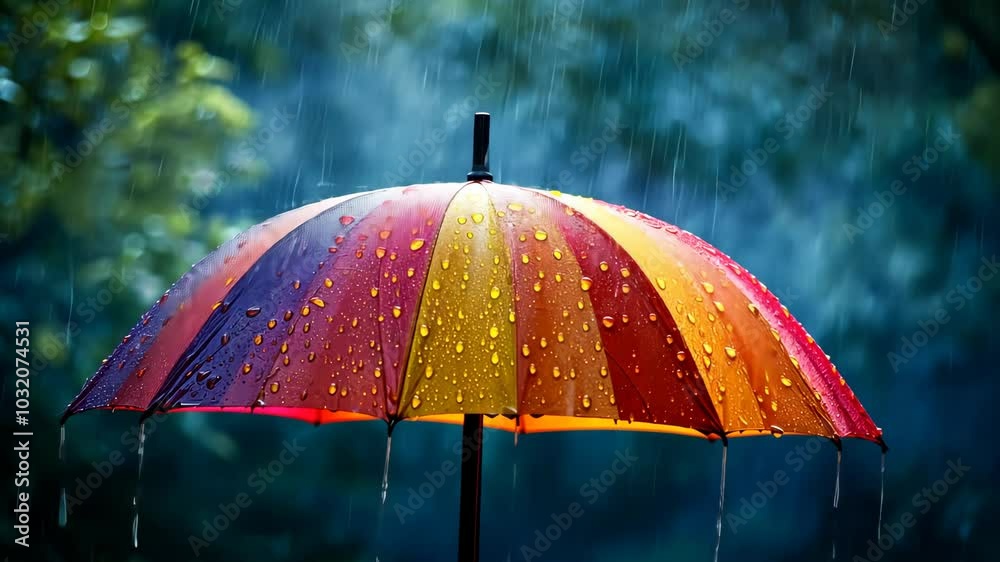 Colorful umbrella with raindrops in a rainy garden, vibrant weather concept.