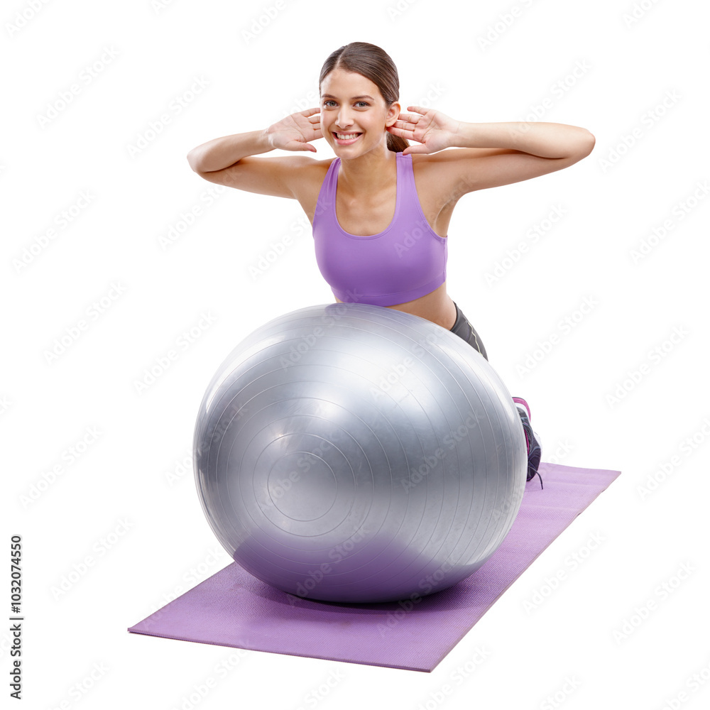 Fitness, yoga and woman with ball in studio for core training, exercise and cardio workout. Sports, portrait and person with gym equipment for wellness, health and performance on white background Fitness, yoga and woman with ball in studio for core training, exercise and cardio workout. Sports, portrait and person with gym equipment for wellness, health and performance on white background