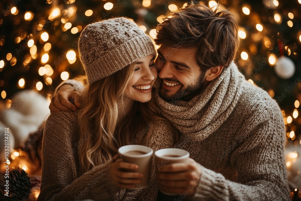 Favorite drink and New Years mood. Happy couple with cups of cocoa chatting, sitting in interior of home with tree and glowing garlands, Generative AI Favorite drink and New Years mood. Happy couple with cups of cocoa chatting, sitting in interior of home with tree and glowing garlands, Generative AI
