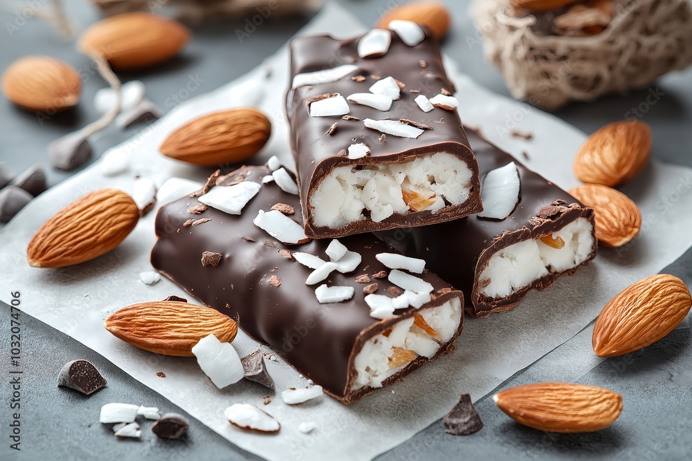 A Minimalist Layout of Protein Bars Made From Almonds, Dark Chocolate, and Coconut, Protein Bar Photography, Protein Bar Marketing Photo Image A Minimalist Layout of Protein Bars Made From Almonds, Dark Chocolate, and Coconut, Protein Bar Photography, Protein Bar Marketing Photo Image