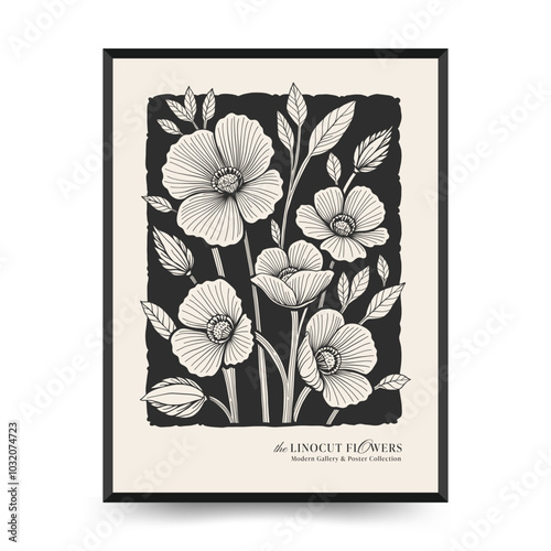 Abstract linocut floral posters template. Modern trendy minimal style. Black and white colors. Botanical blockprint. Hand drawn design for wallpaper, wall decor, print, postcard, cover, template.