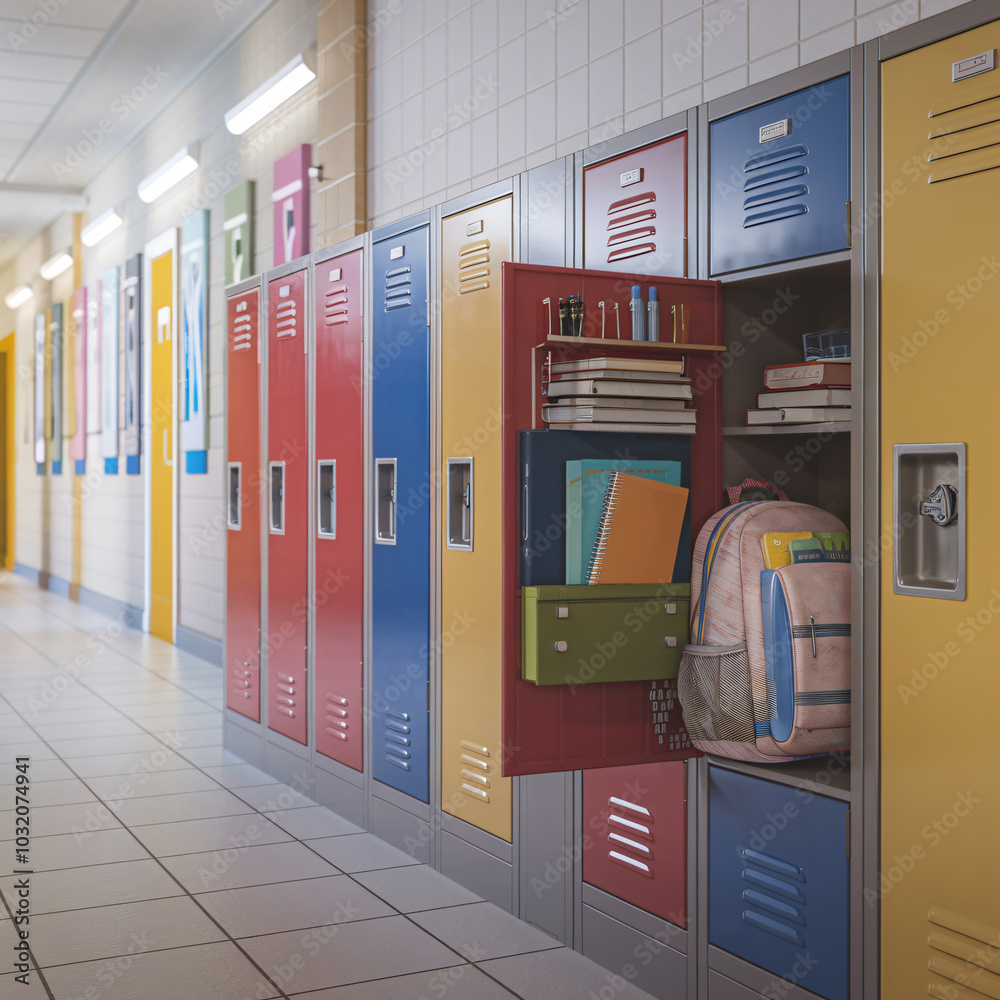 Cheerful School Locker Area: Colorful Locker with Backpack, Textbooks, and Supplies Cheerful School Locker Area: Colorful Locker with Backpack, Textbooks, and Supplies
